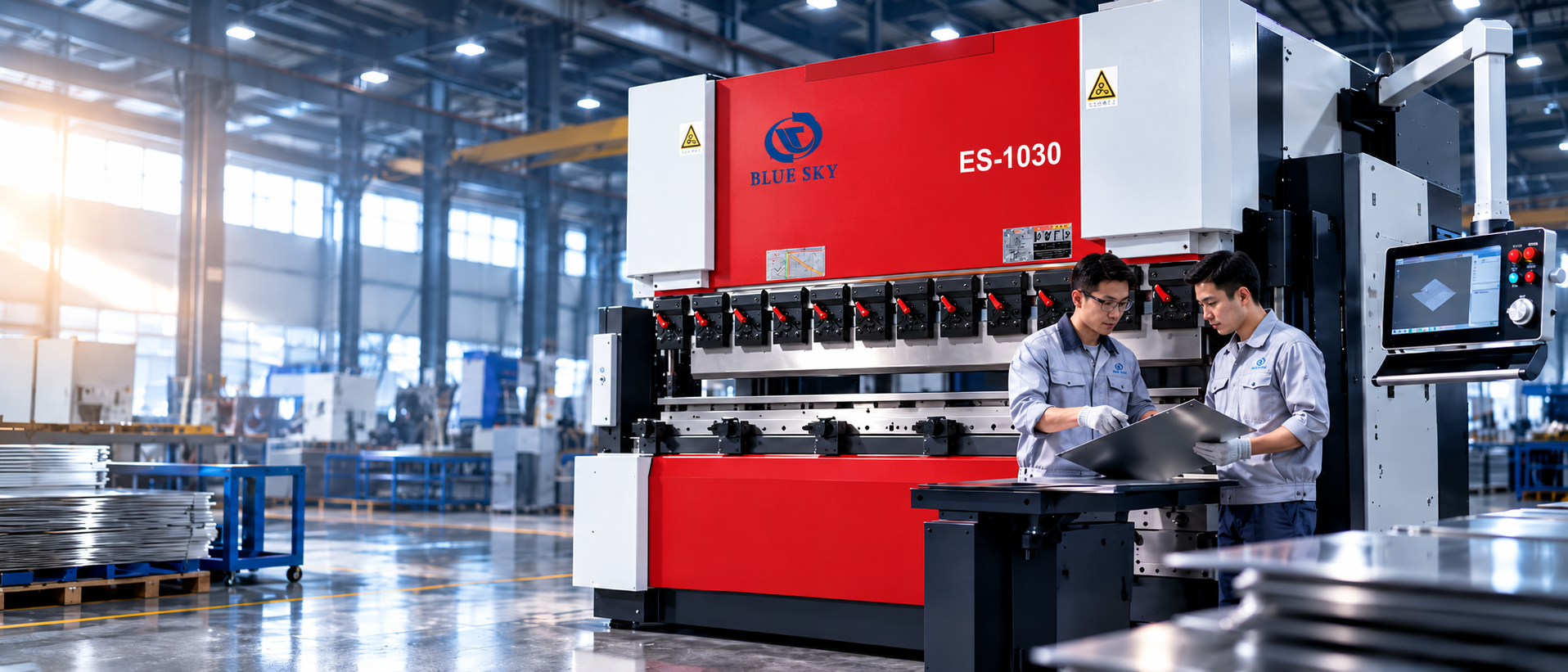 Máy chấn CNC Blue Sky ES-1030 được kỹ thuật viên kiểm tra tại xưởng Việt Nam